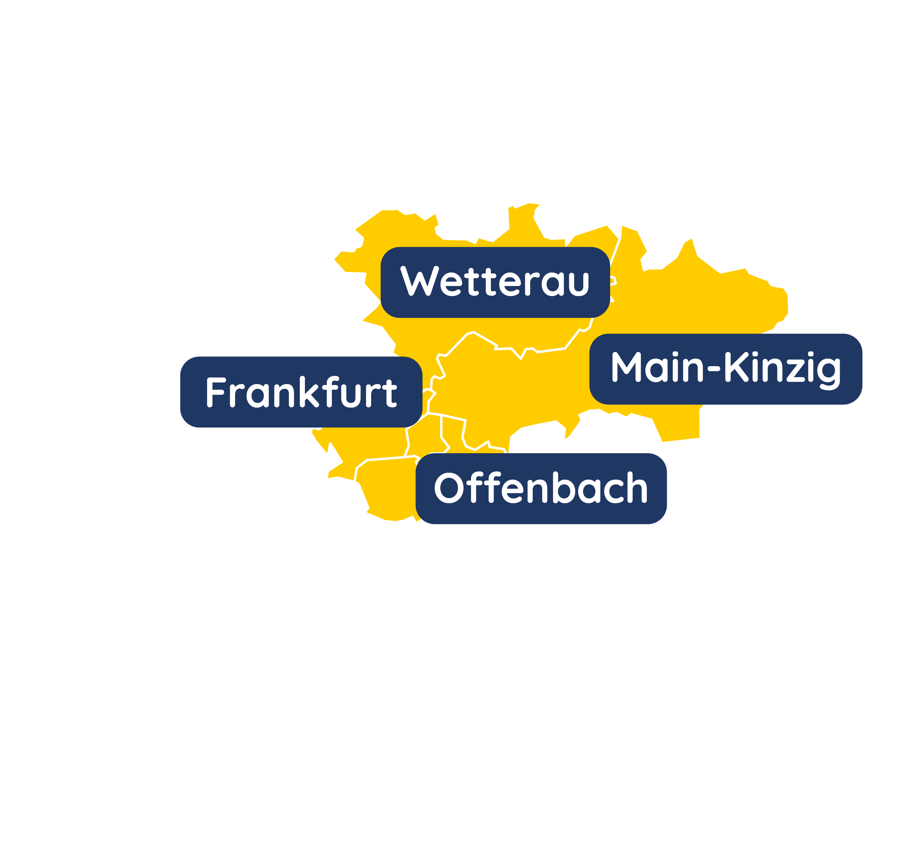 Karte vom Rhein-Main-Gebiet und den markierten Bereichen Wetterau, Frankfurt, Offenbach und Main-Kinzig in welchen Energieberater Thomas Wagner tätig ist.